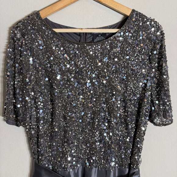 Pisarro Nights Beaded Bodice Satin Maxi Gown Women's 14 Gray Formal Wedding NWT - Picture 7 of 16